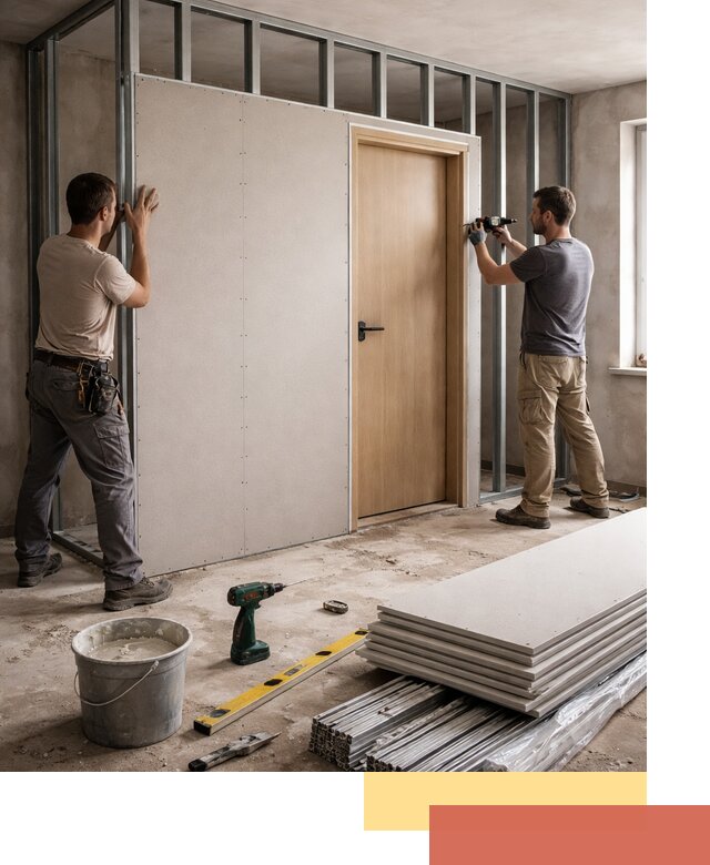 Перегородка из гипсокартона с дверью под ключ в Алапаевске