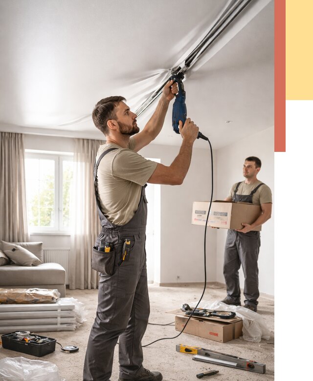 Монтаж сатинового натяжного потолка в Алапаевске от 3747 руб. | Быстро, недорого — ОТДЕЛОЧНИК-Лпв