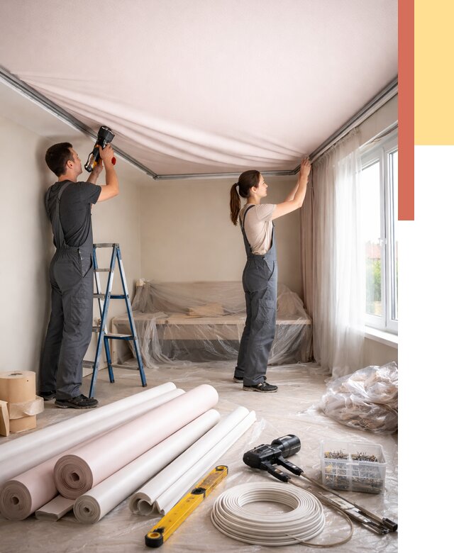 Монтаж цветного натяжного потолка в Алапаевске от 4496 руб/м² — быстро и недорого | ОТДЕЛОЧНИК-Лпв