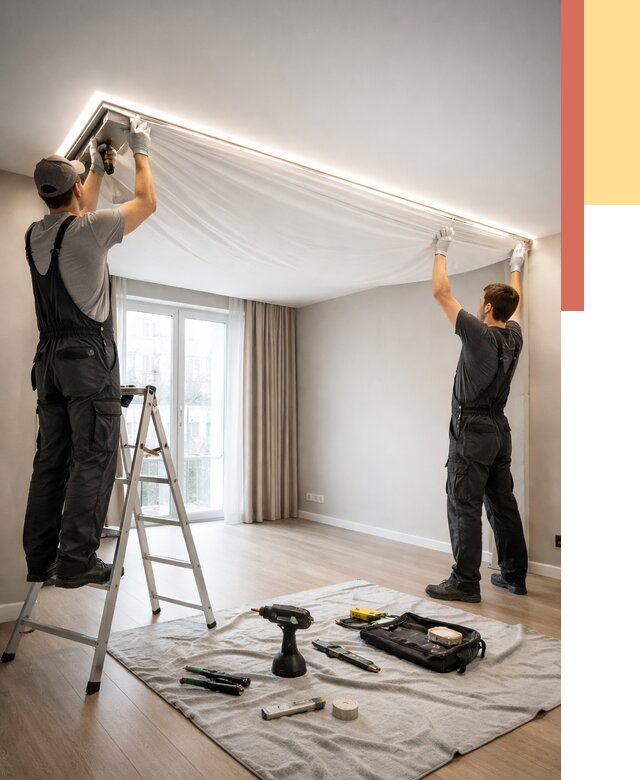 Монтаж парящего натяжного потолка в Алапаевске от 4817 руб. быстро и недорого | ОТДЕЛОЧНИК-Лпв