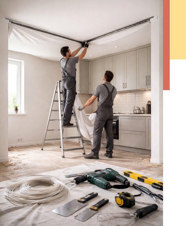 Установка натяжного потолка на кухне в Алапаевске от 2569 руб. | ОТДЕЛОЧНИК-Лпв