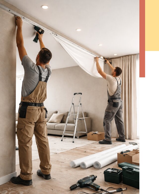 Монтаж натяжного потолка в гостиной в Алапаевске от 589 руб. | ОТДЕЛОЧНИК-Лпв