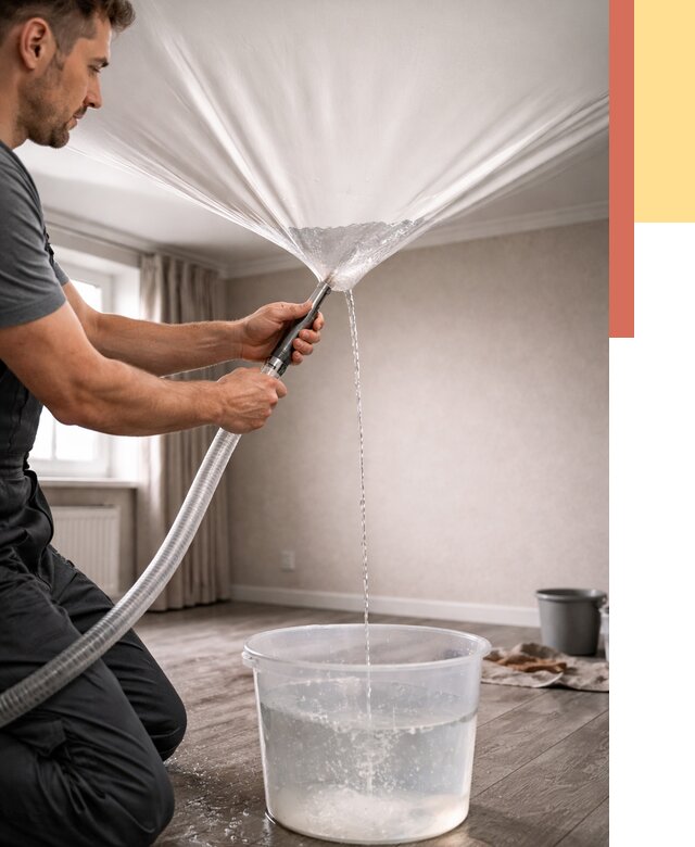 Слив воды с натяжного потолка в Алапаевске от 2676 руб. быстро и недорого | ОТДЕЛОЧНИК-Лпв